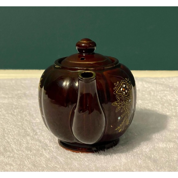 Vintage Moriage Redware Brown Betty Teapot w/ Lid Hand Painted Gold Trim Japan* - Picture 4 of 16